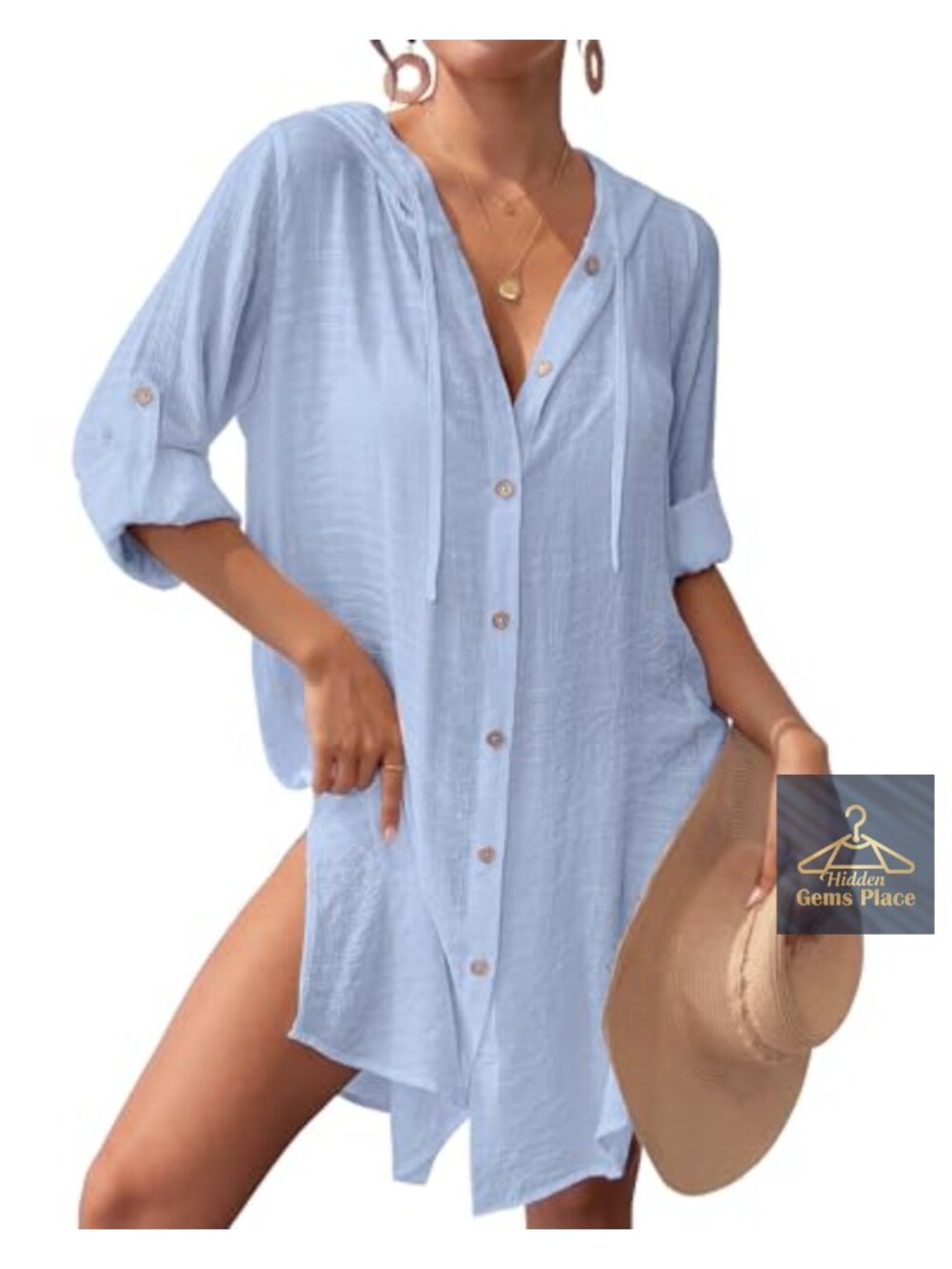 Women's Long Sleeve Hooded Beach Swimsuit Coverup Button Down Dress